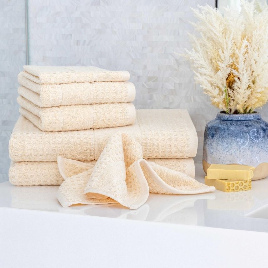 Cream Lightweight Waffle Towels in Bathroom | Duman Home