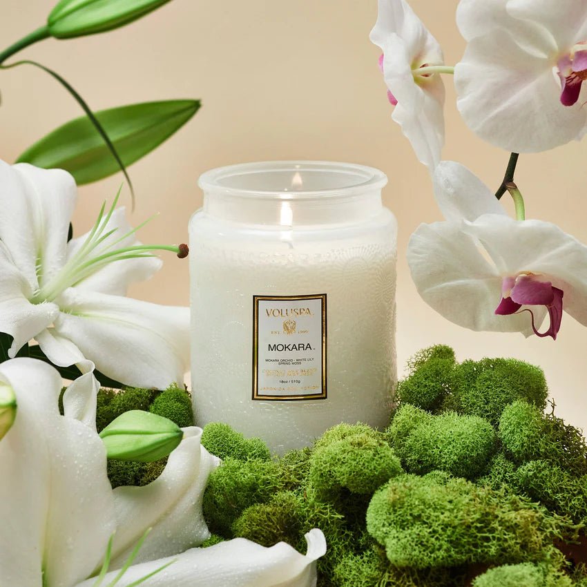 Voluspa Mokara Large Jar Candle with Moss an Flowers | Duman Home