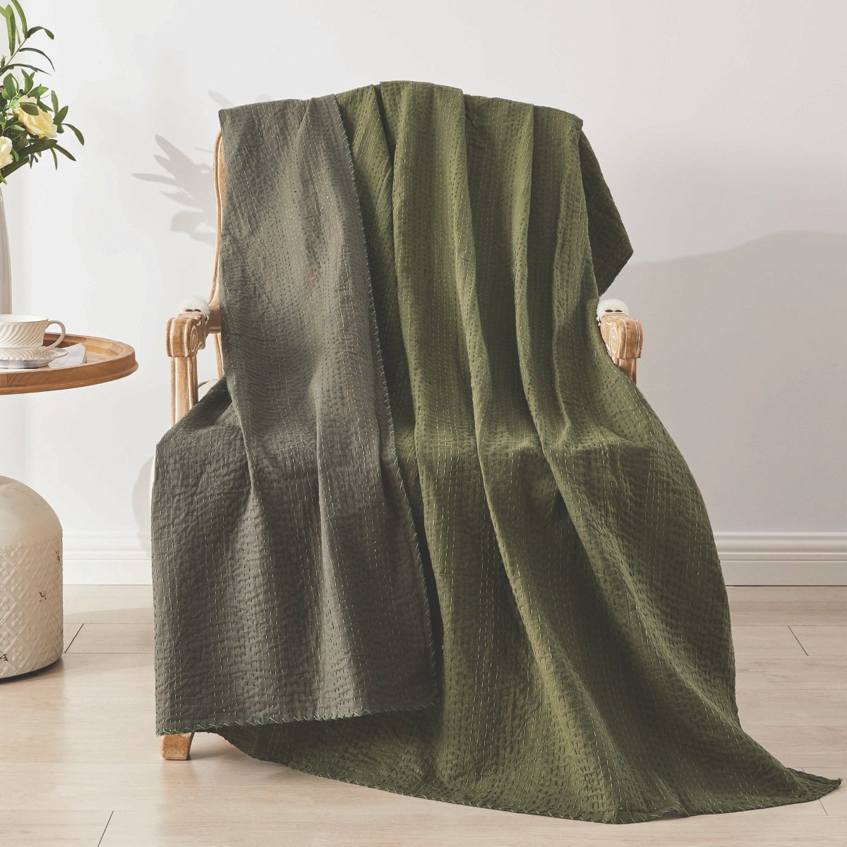 Hand Stitched Reversible Kantha Throws Forest Olive | Duman Home