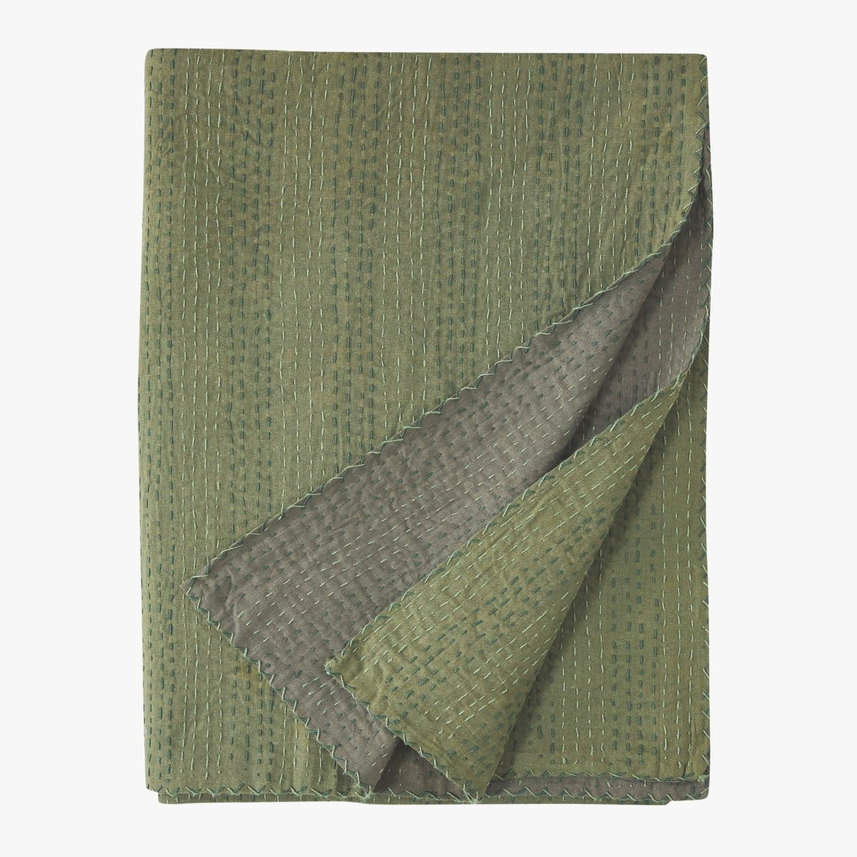 Hand Stitched Reversible Olive Green Kantha Throws | Duman Home