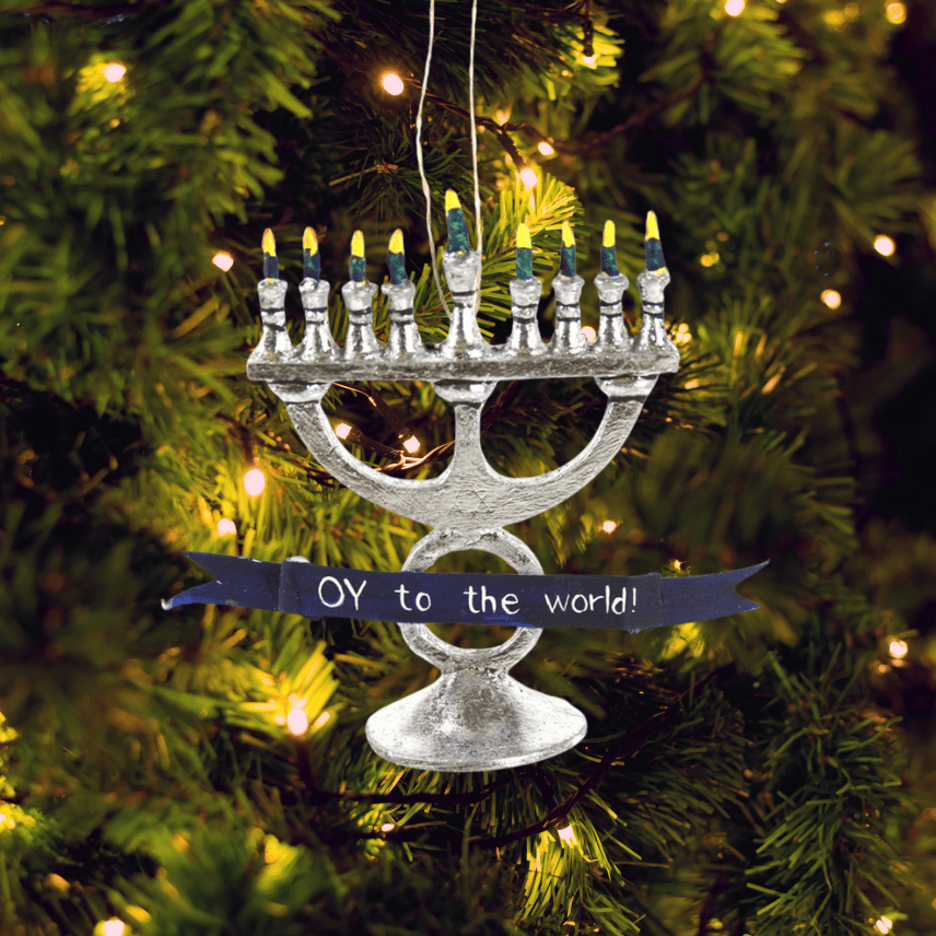 Menorah ornament with lit candles on a Christmas tree | Duman Home
