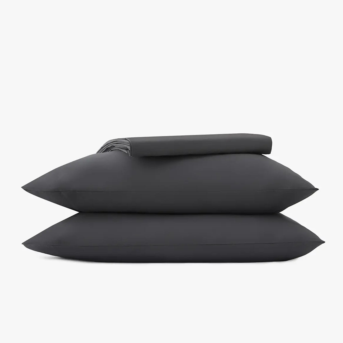 Slate gray bedding sheet set, including two pillows and a duvet on a white background