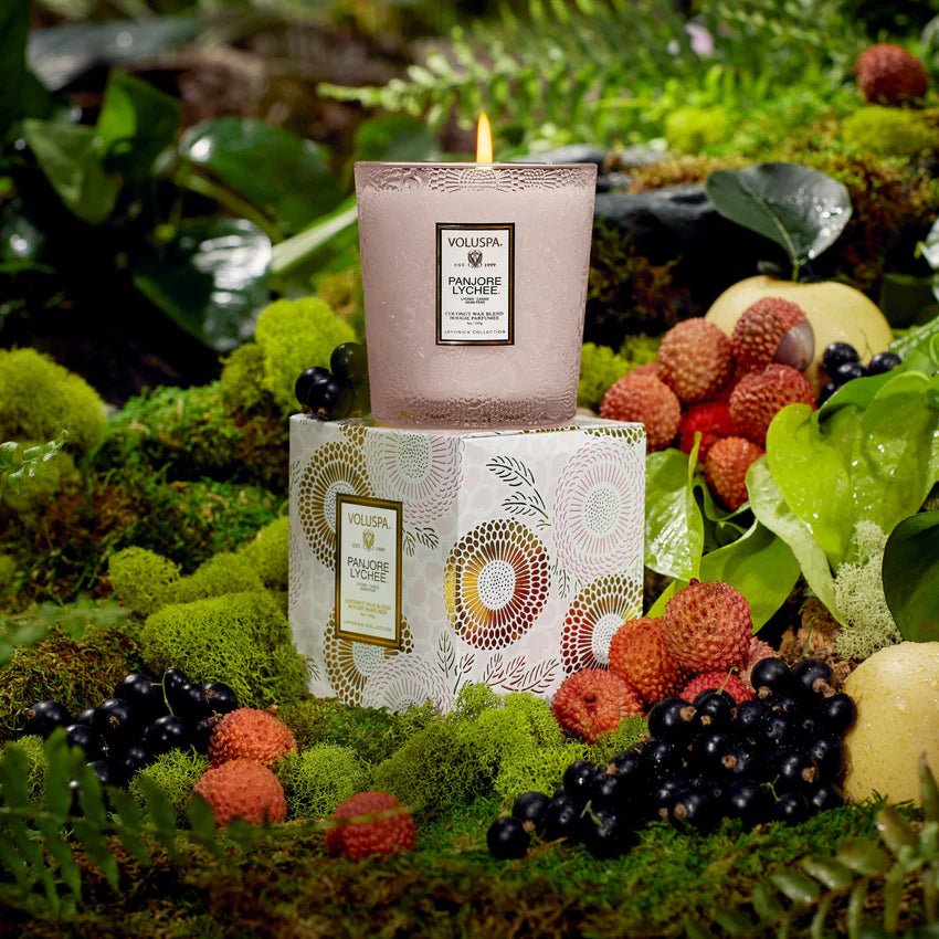 A Panjore Lychee Volsupa Candle on it's box on a scenery of moss, lychee and blueblerry fruits