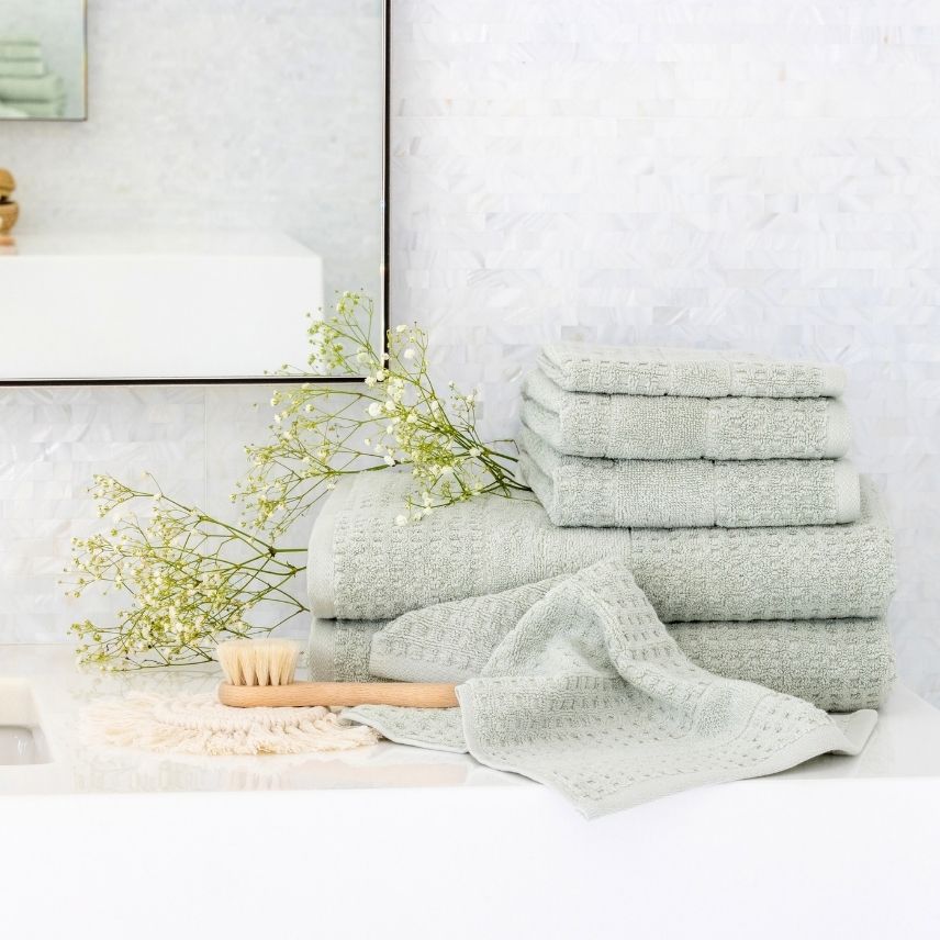 Sage Lightweight Waffle Towels in Bathroom | Duman Home