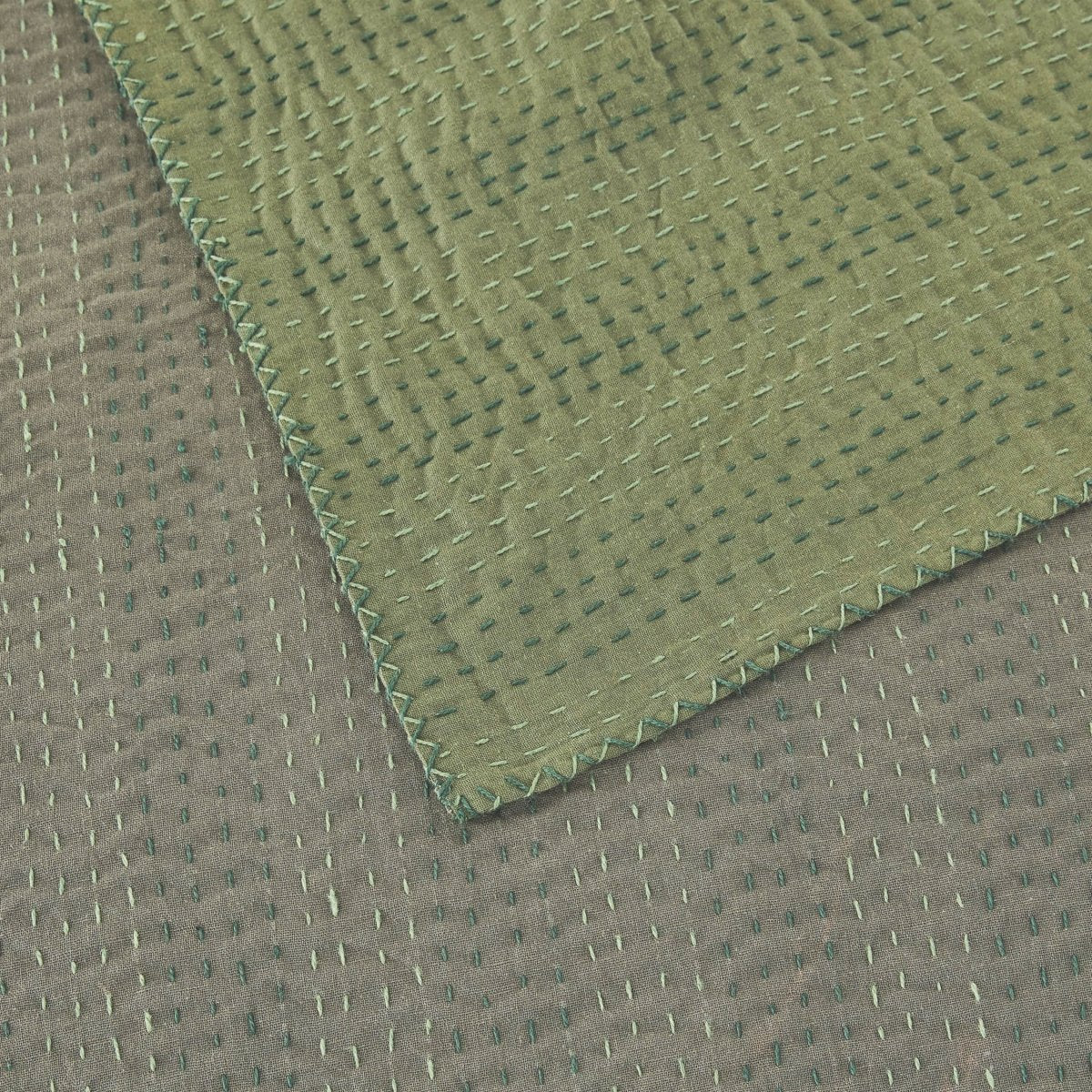 Hand Stitched Reversible Olive Green Kantha Throws Detail | Duman Home