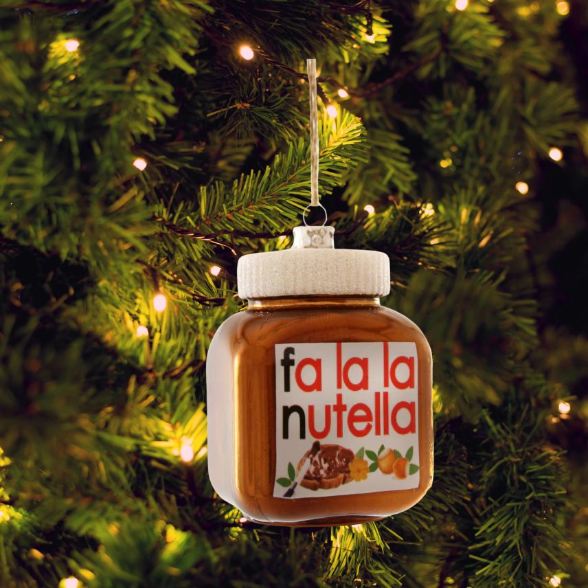 Decorative Nutella jar ornament with 'fa la la nutella' text on a Christmas tree | Duman Home
