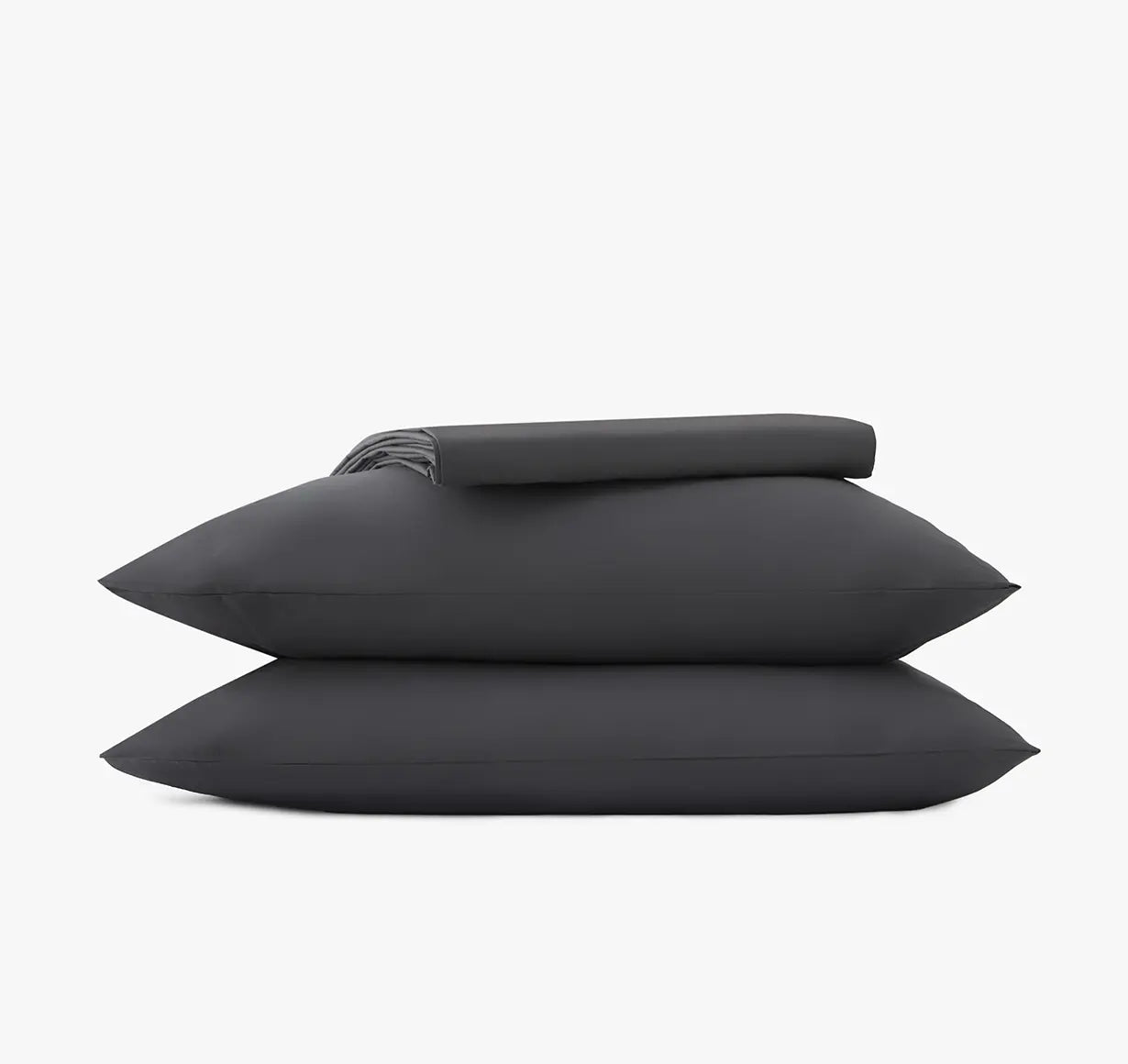 Slate gray bedding sheet set, including two pillows and a duvet on a white background